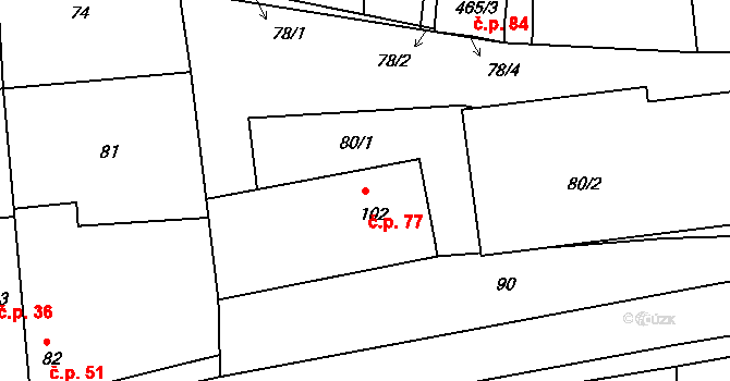 Mělnická Vrutice 77, Velký Borek na parcele st. 102 v KÚ Mělnická Vrutice, Katastrální mapa