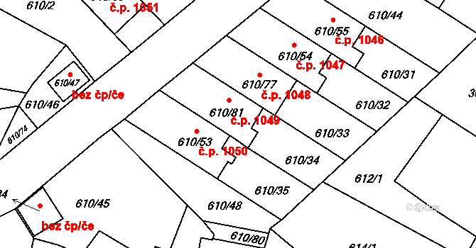 Sadská 1049 na parcele st. 610/81 v KÚ Sadská, Katastrální mapa