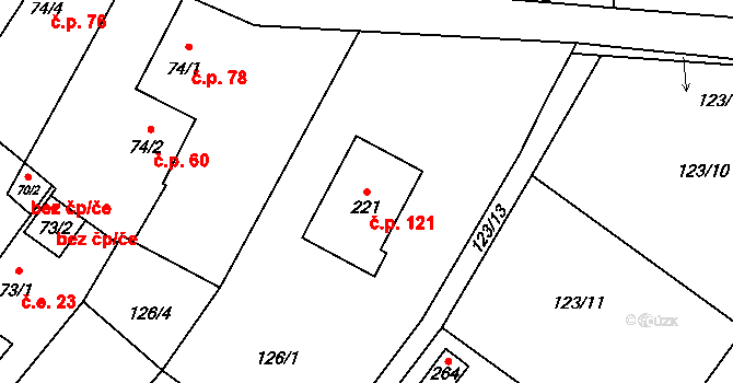 Branov 121 na parcele st. 221 v KÚ Branov, Katastrální mapa