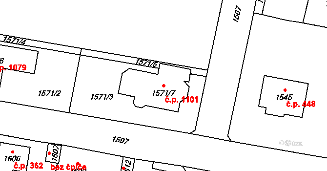 Řevnice 1101 na parcele st. 1571/7 v KÚ Řevnice, Katastrální mapa