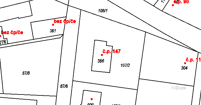 Krhanice 147 na parcele st. 386 v KÚ Krhanice, Katastrální mapa