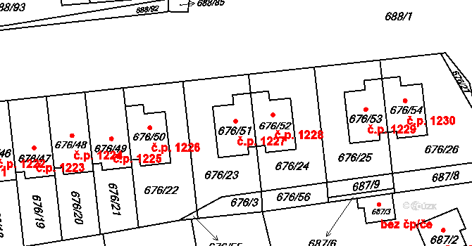Černice 1227, Plzeň na parcele st. 676/51 v KÚ Bručná, Katastrální mapa