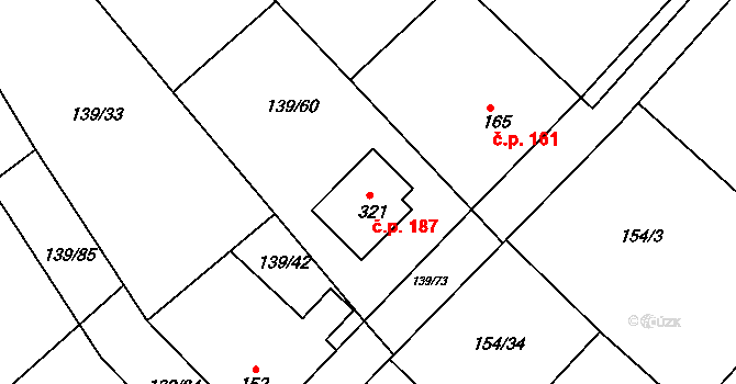 Tišice 187 na parcele st. 321 v KÚ Tišice, Katastrální mapa