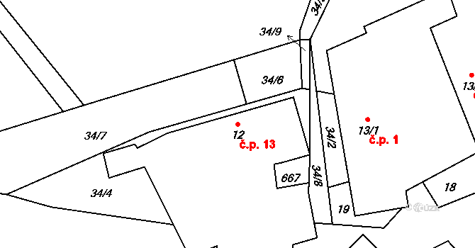 Těchoraz 13, Červená Řečice na parcele st. 12 v KÚ Těchoraz, Katastrální mapa