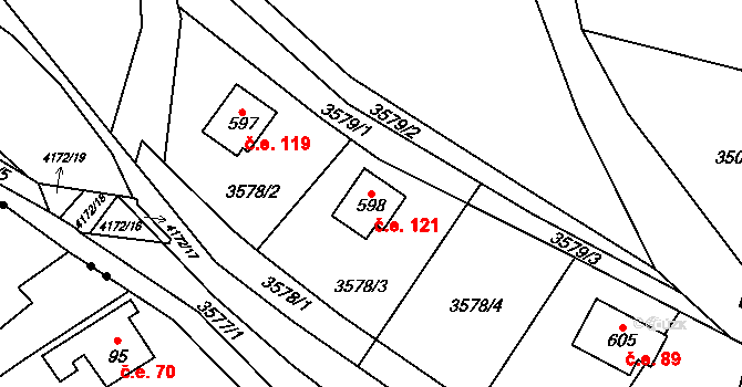 Libouchec 121 na parcele st. 598 v KÚ Libouchec, Katastrální mapa