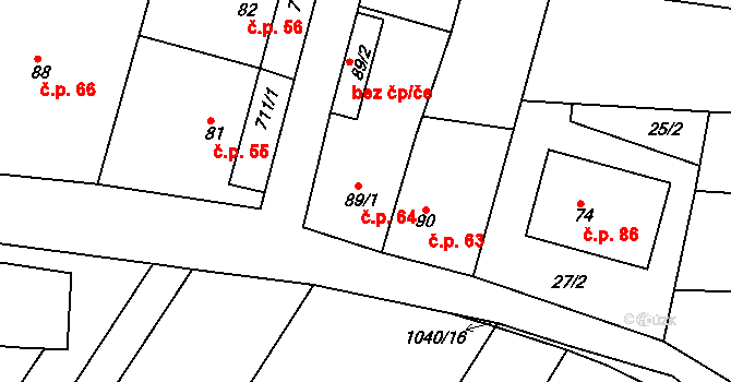 Mírovka 64, Havlíčkův Brod na parcele st. 89/1 v KÚ Mírovka, Katastrální mapa