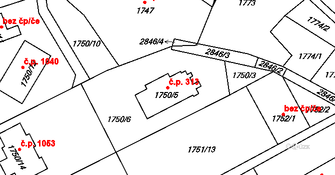 Dobruška 313 na parcele st. 1750/5 v KÚ Dobruška, Katastrální mapa