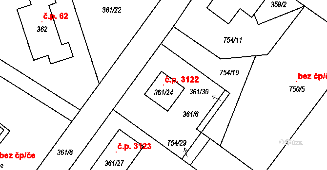 Milovice 3122 na parcele st. 361/24 v KÚ Milovice nad Labem, Katastrální mapa