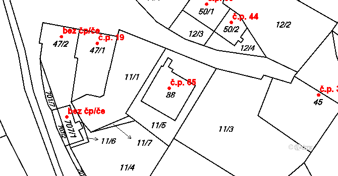 Divoky 65, Zdounky na parcele st. 88 v KÚ Divoky, Katastrální mapa