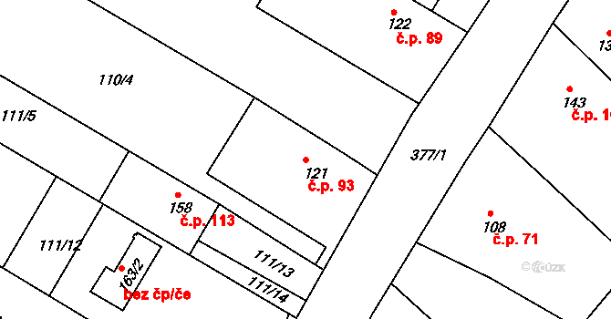 Zahnašovice 93 na parcele st. 121 v KÚ Zahnašovice, Katastrální mapa