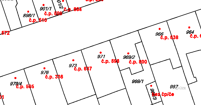 Lužice 598 na parcele st. 971 v KÚ Lužice u Hodonína, Katastrální mapa