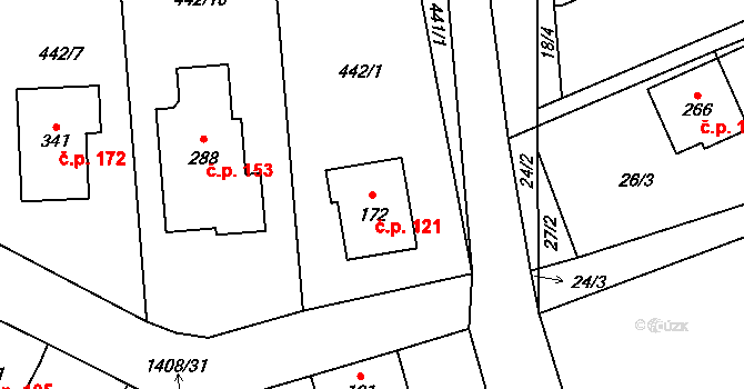 Hybrálec 121 na parcele st. 172 v KÚ Hybrálec, Katastrální mapa