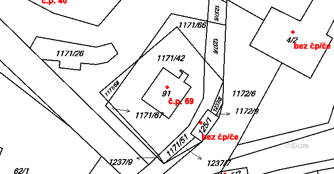 Kamenná 69 na parcele st. 91 v KÚ Kamenná u Jihlavy, Katastrální mapa