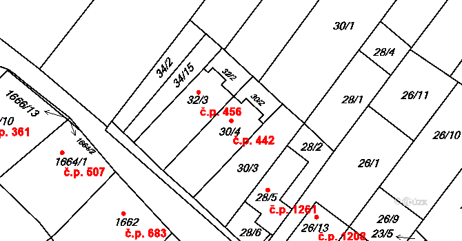 Rousínov 442 na parcele st. 30/4 v KÚ Rousínov u Vyškova, Katastrální mapa