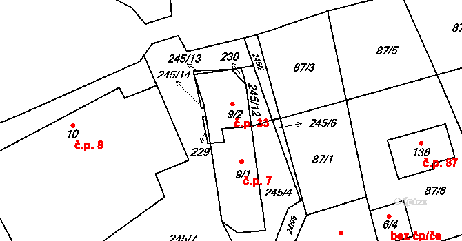 Dolní Skrýchov 33, Jindřichův Hradec na parcele st. 9/2 v KÚ Dolní Skrýchov, Katastrální mapa