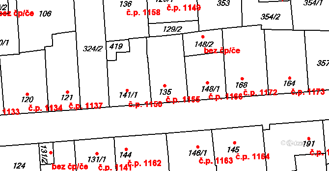Švermov 1155, Kladno na parcele st. 135 v KÚ Hnidousy, Katastrální mapa