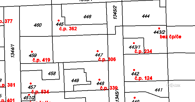 Tuchlovice 306 na parcele st. 447 v KÚ Tuchlovice, Katastrální mapa