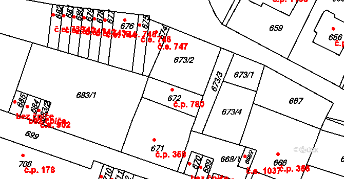 Děčín IV-Podmokly 780, Děčín na parcele st. 672 v KÚ Podmokly, Katastrální mapa