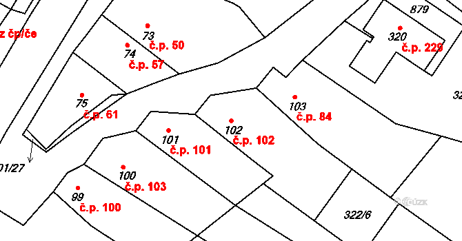 Mnetěš 102 na parcele st. 102 v KÚ Mnetěš, Katastrální mapa