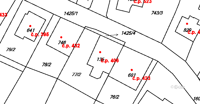 Chýnov 406 na parcele st. 135 v KÚ Chýnov u Tábora, Katastrální mapa