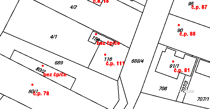 Sudoměřice u Bechyně 111 na parcele st. 116 v KÚ Sudoměřice u Bechyně, Katastrální mapa
