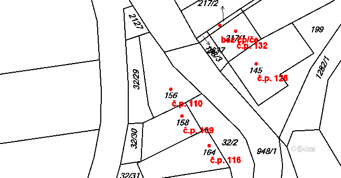 Hruška 110 na parcele st. 156/1 v KÚ Hruška, Katastrální mapa