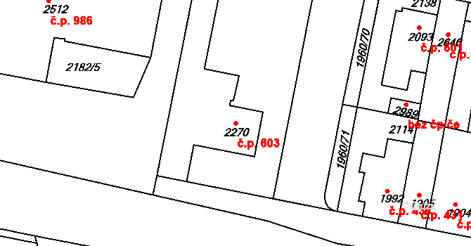 Borovina 603, Třebíč na parcele st. 2270 v KÚ Třebíč, Katastrální mapa