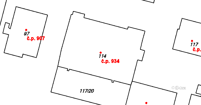 Borovina 934, Třebíč na parcele st. 114 v KÚ Řípov, Katastrální mapa