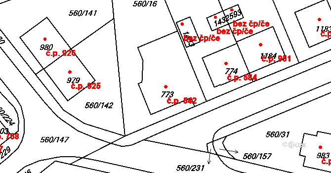 Podklášteří 542, Třebíč na parcele st. 773 v KÚ Podklášteří, Katastrální mapa
