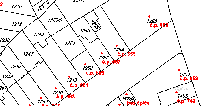 Zábrdovice 657, Brno na parcele st. 1252 v KÚ Zábrdovice, Katastrální mapa
