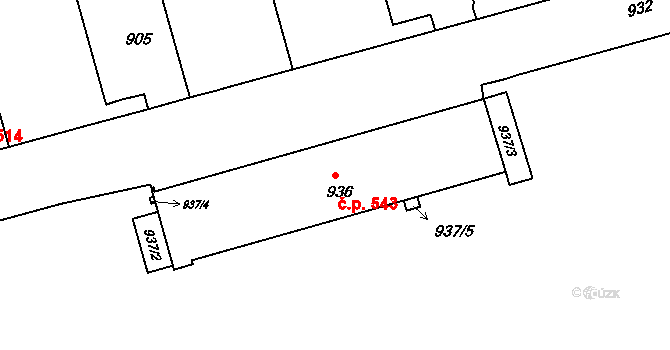 Ponava 543, Brno na parcele st. 936 v KÚ Ponava, Katastrální mapa