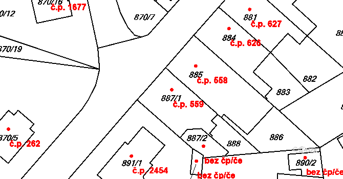 Pelhřimov 559 na parcele st. 887/1 v KÚ Pelhřimov, Katastrální mapa