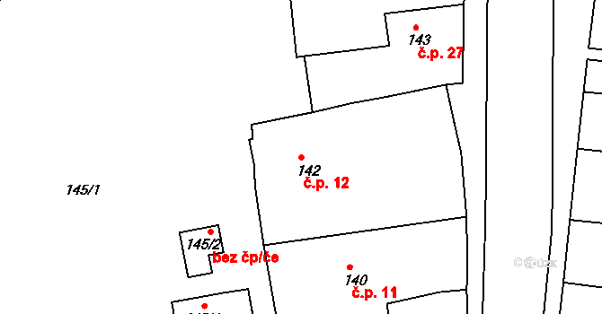Brozánky 12, Hořín na parcele st. 142 v KÚ Brozánky, Katastrální mapa