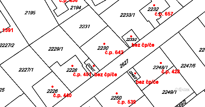 Radotín 642, Praha na parcele st. 2230 v KÚ Radotín, Katastrální mapa