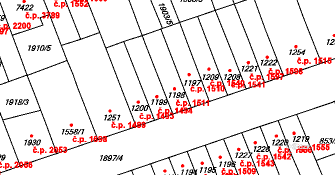 Hodonín 1511 na parcele st. 1198 v KÚ Hodonín, Katastrální mapa