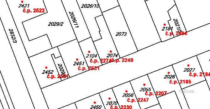 Hodonín 2249 na parcele st. 2074 v KÚ Hodonín, Katastrální mapa
