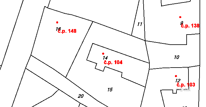 Dolní Libchava 104, Česká Lípa na parcele st. 14 v KÚ Dolní Libchava, Katastrální mapa