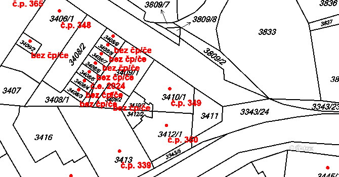 Jirkov 349 na parcele st. 3410/1 v KÚ Jirkov, Katastrální mapa