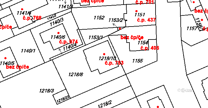 Černice 753, Plzeň na parcele st. 1218/10 v KÚ Bručná, Katastrální mapa