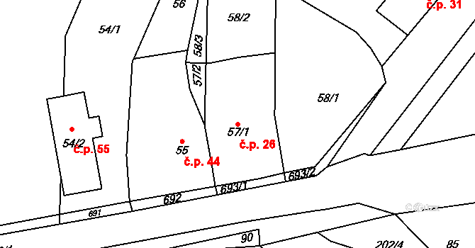 Nuzířov 26, Malhostovice na parcele st. 57/1 v KÚ Nuzířov, Katastrální mapa
