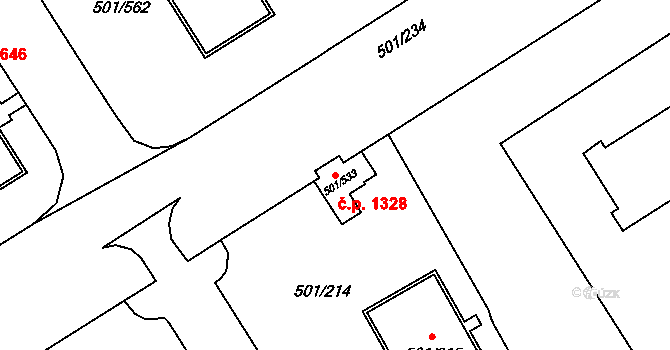 Ráj 1328, Karviná na parcele st. 501/533 v KÚ Ráj, Katastrální mapa