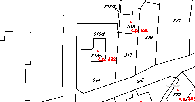 Šluknov 422 na parcele st. 313/4 v KÚ Šluknov, Katastrální mapa