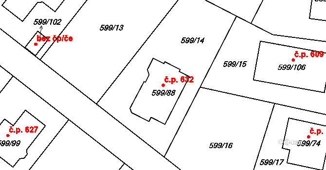 Srubec 632 na parcele st. 599/88 v KÚ Srubec, Katastrální mapa
