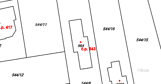 Mladcová 543, Zlín na parcele st. 964 v KÚ Mladcová, Katastrální mapa