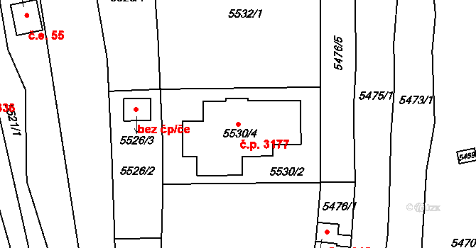 Žabovřesky 3177, Brno na parcele st. 5530/4 v KÚ Žabovřesky, Katastrální mapa