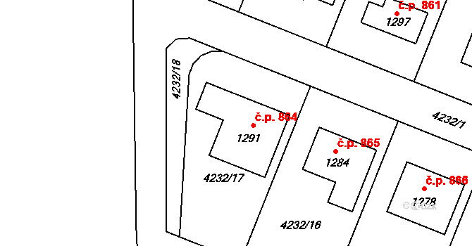 Jevíčko 864 na parcele st. 1291 v KÚ Jevíčko-předměstí, Katastrální mapa