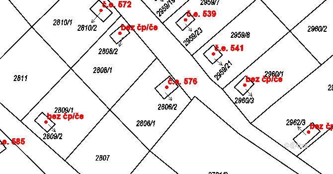 Kopřivnice 576 na parcele st. 2806/2 v KÚ Kopřivnice, Katastrální mapa