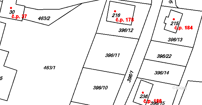 Klení 179, Benešov nad Černou na parcele st. 396/11 v KÚ Klení, Katastrální mapa