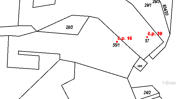 Křižínkov 16 na parcele st. 55/1 v KÚ Křižínkov, Katastrální mapa