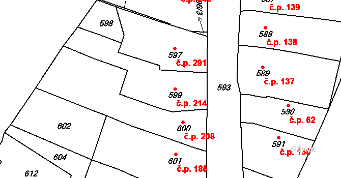 Spytihněv 214 na parcele st. 599 v KÚ Spytihněv, Katastrální mapa